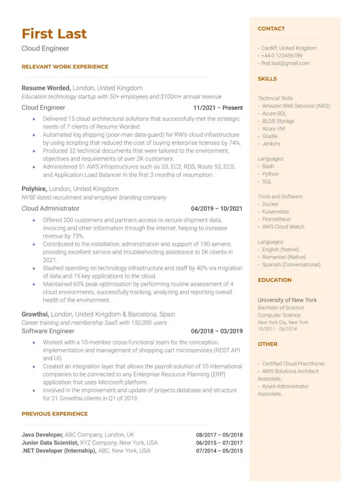 Cloud Computing Resume Freshers